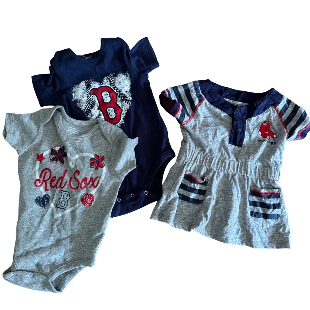 Boston Red Sox MLB Baby Girl 3 Piece Lot Bodysuits and Dress 3-6M 12M Navy Gray
